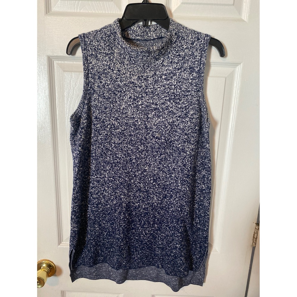 Chicos Zenergy Womens Size 1 M Navy Blue White‎ Space Dye Mock Neck Sweater Vest